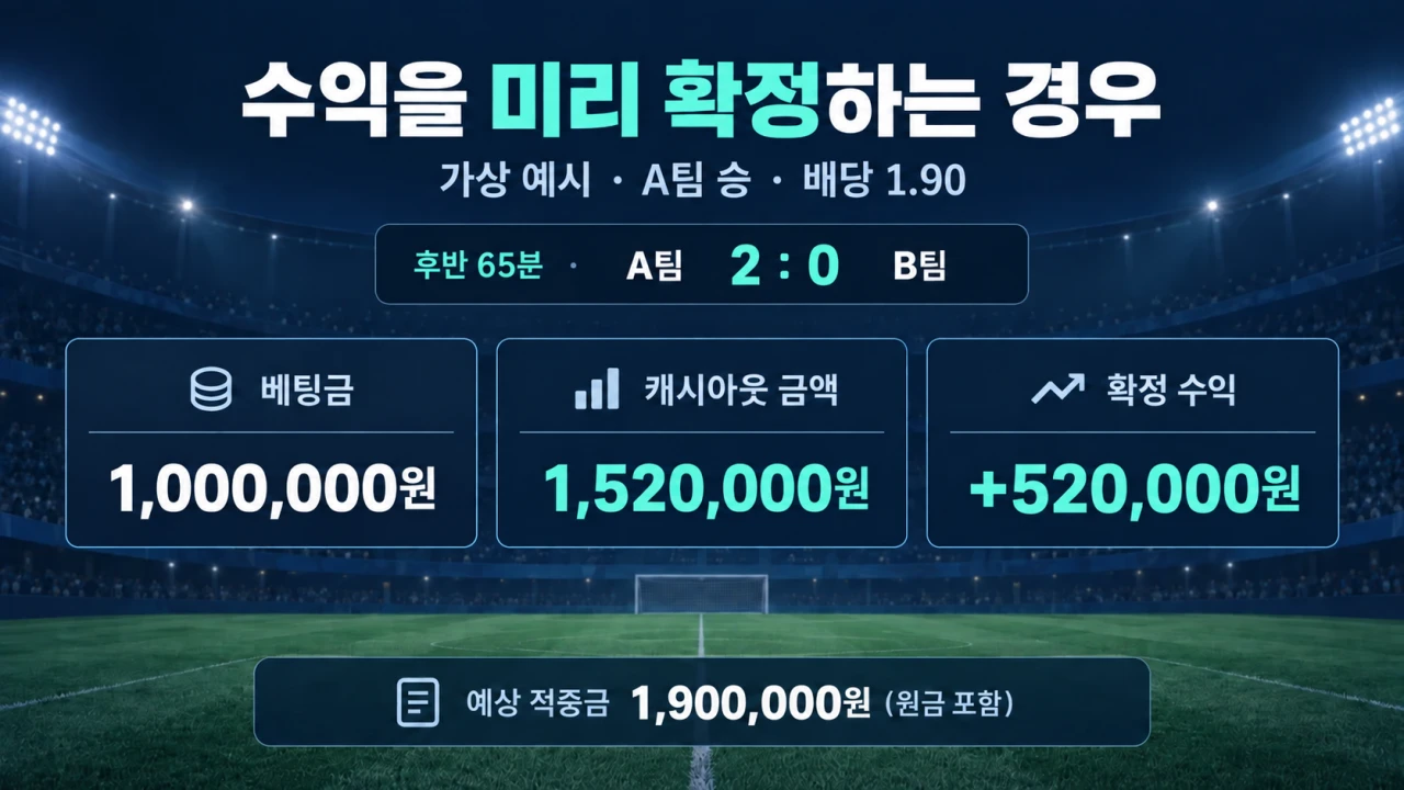 가상 수익 확정 사례: 베팅금 1,000,000원, 캐시아웃 1,520,000원, 확정 수익 +520,000원